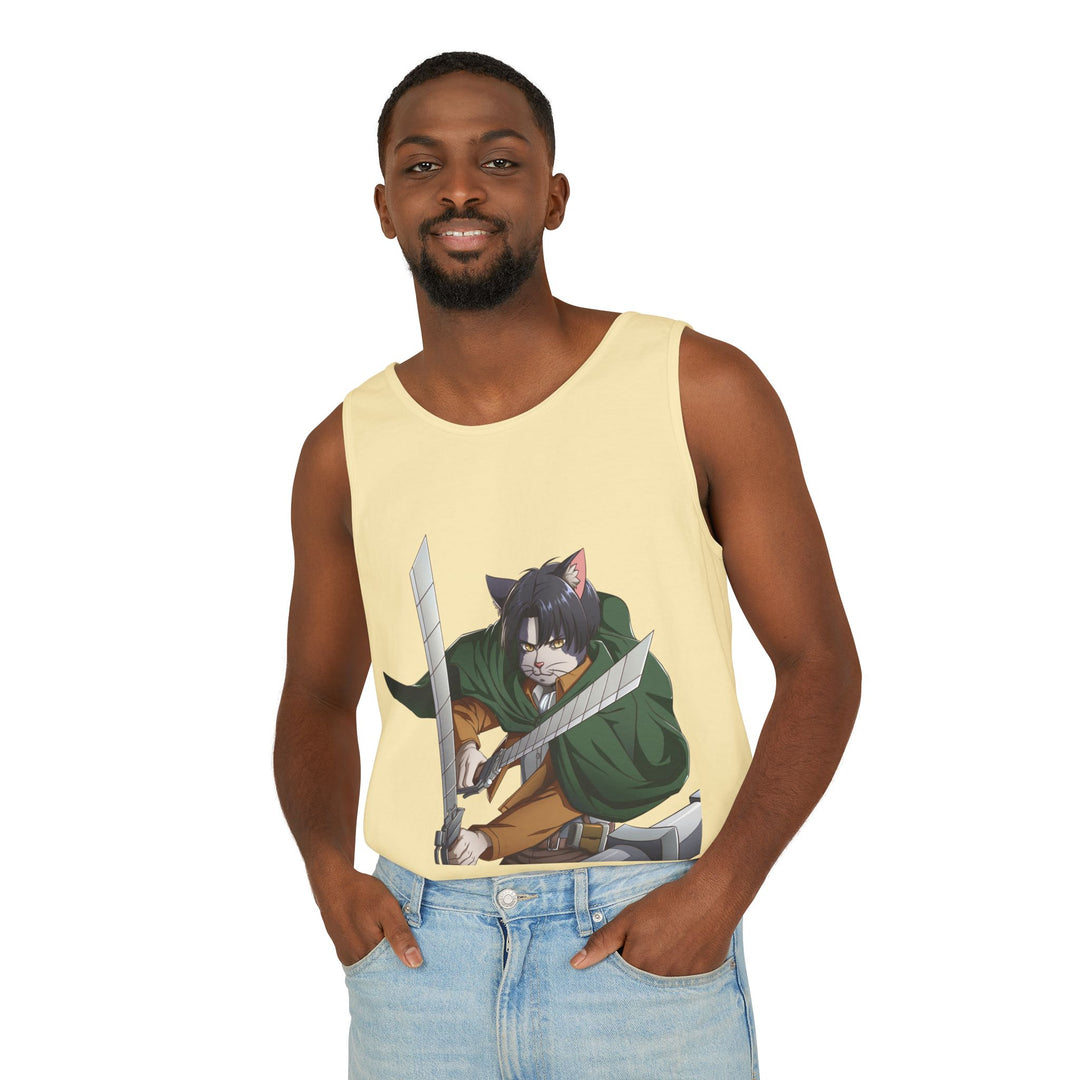 Anime Cat Warrior Tank Top, Unisex Graphic Tee, Cute Anime Apparel, Summer Fashion, Gift for Anime Fans