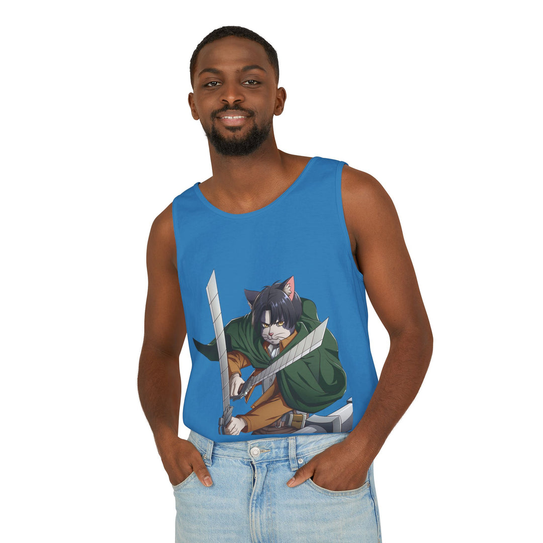 Anime Cat Warrior Tank Top, Unisex Graphic Tee, Cute Anime Apparel, Summer Fashion, Gift for Anime Fans