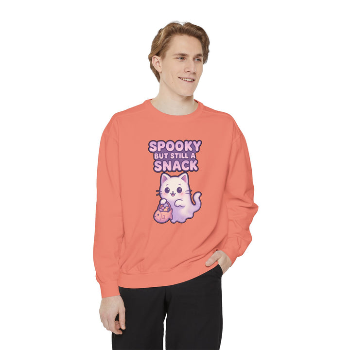 Spooky Snack Sweatshirt Featuring a Cute Ghost Cat Holding a Candy Basket with a Humorous Slogan