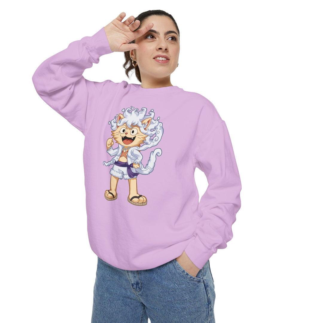 Cute Cat Character Sweatshirt Featuring a Whimsical Feline in a Cheerful Anime Inspired Pose for Fans of Unique Graphics Animal Lover Apparel Fun Fashion Casual Wear