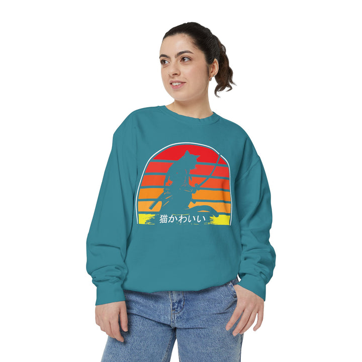 Sunset Samurai Sweatshirt | Cozy Unisex Garment-Dyed Pullover, Gift for Anime Lovers, Japanese Aesthetic Apparel, Fall Fashion, Casual Wear