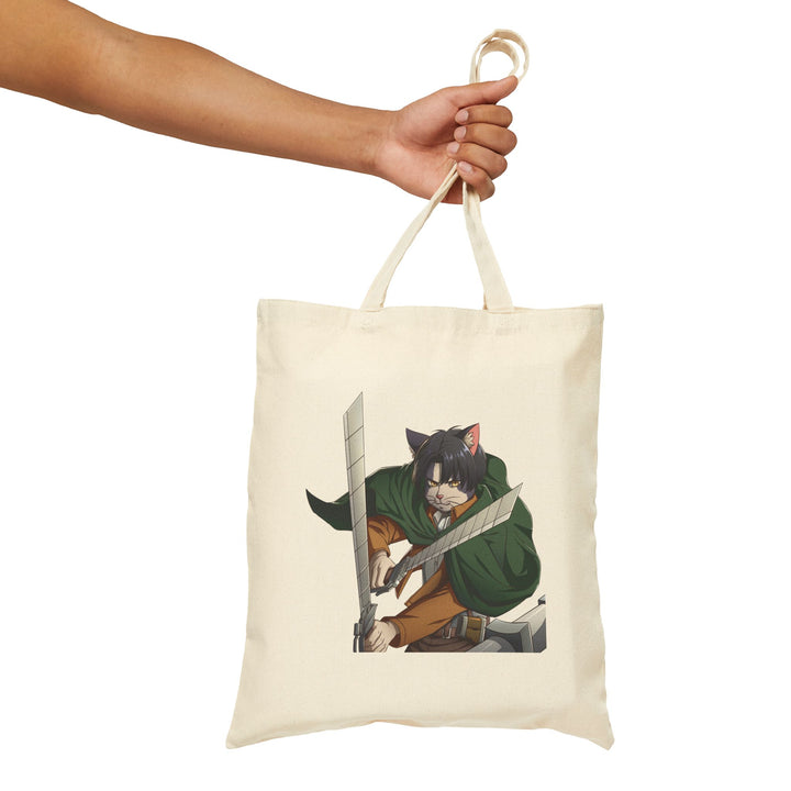 Cute Cat Warrior Cotton Canvas Tote Bag, Eco-Friendly Shopping Tote, Anime Tote, Cute Gift for Pet Lovers, Durable Shoulder Bag