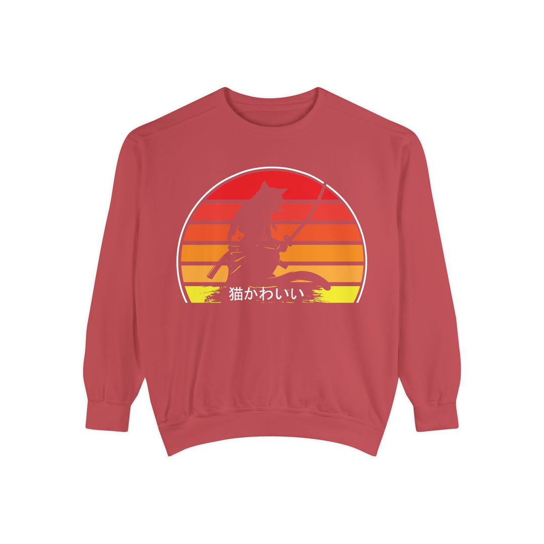 Sunset Samurai Sweatshirt | Cozy Unisex Garment-Dyed Pullover, Gift for Anime Lovers, Japanese Aesthetic Apparel, Fall Fashion, Casual Wear