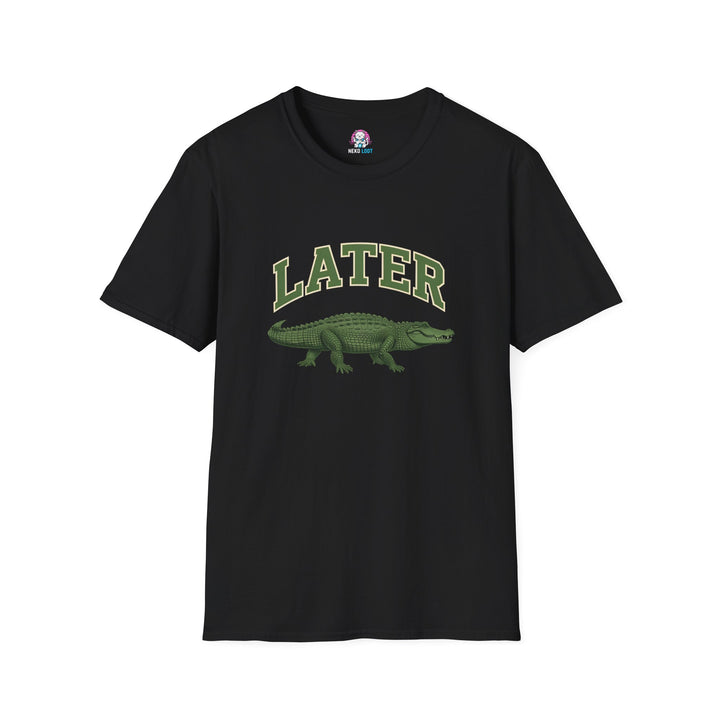 Black T-shirt with green LATER varsity lettering above a green alligator illustration.