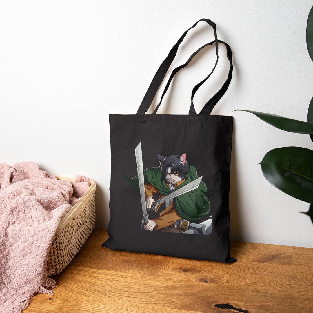 Cute Cat Warrior Cotton Canvas Tote Bag, Eco-Friendly Shopping Tote, Anime Tote, Cute Gift for Pet Lovers, Durable Shoulder Bag