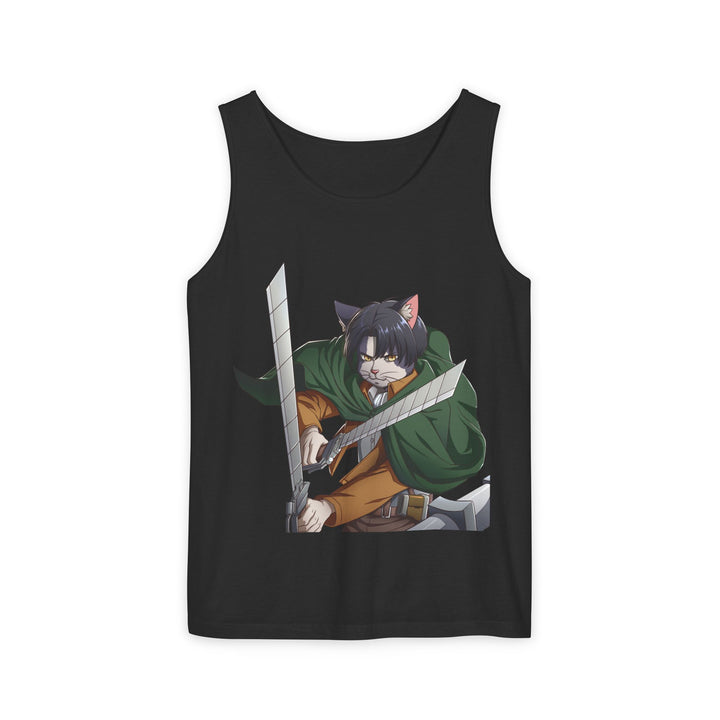 Anime Cat Warrior Tank Top, Unisex Graphic Tee, Cute Anime Apparel, Summer Fashion, Gift for Anime Fans
