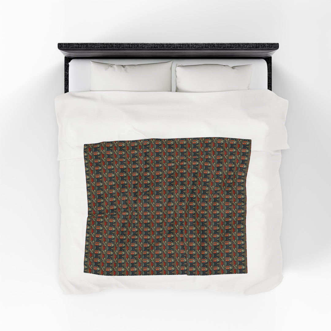 Velveteen Plush Blanket Featuring a Repeating Pattern of a Black Cat Eating Ramen in Ukiyo-e Style