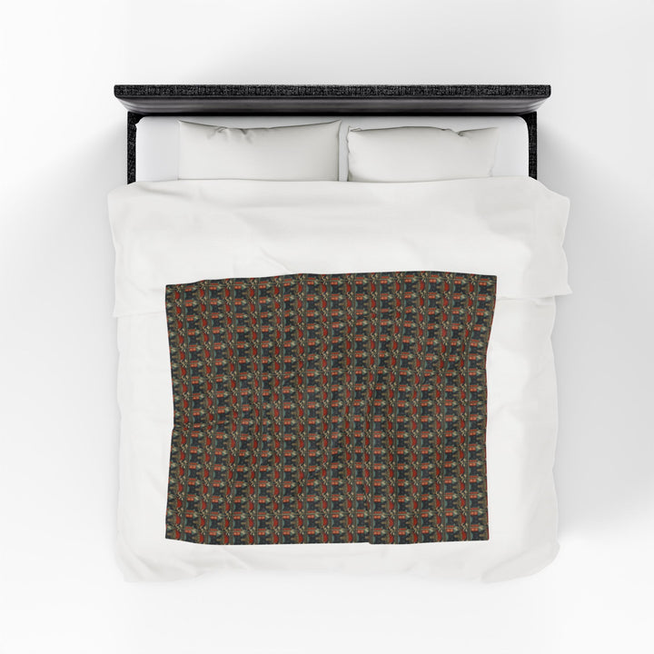Velveteen Plush Blanket Featuring a Repeating Pattern of a Black Cat Eating Ramen in Ukiyo-e Style
