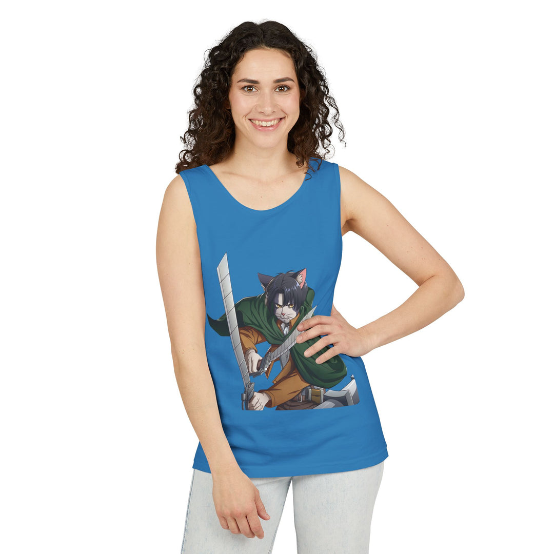 Anime Cat Warrior Tank Top, Unisex Graphic Tee, Cute Anime Apparel, Summer Fashion, Gift for Anime Fans