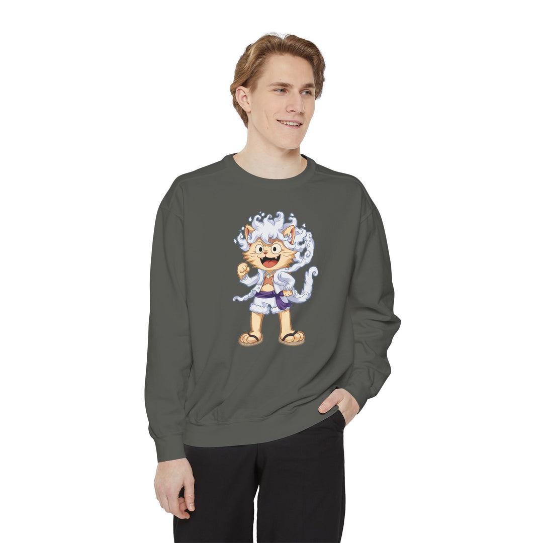 Cute Cat Character Sweatshirt Featuring a Whimsical Feline in a Cheerful Anime Inspired Pose for Fans of Unique Graphics Animal Lover Apparel Fun Fashion Casual Wear