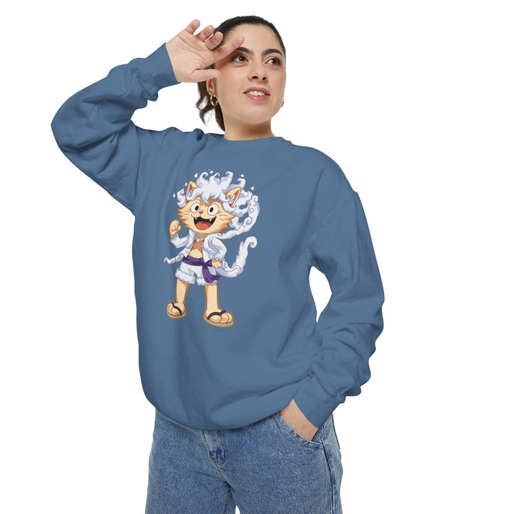 Cute Cat Character Sweatshirt Featuring a Whimsical Feline in a Cheerful Anime Inspired Pose for Fans of Unique Graphics Animal Lover Apparel Fun Fashion Casual Wear