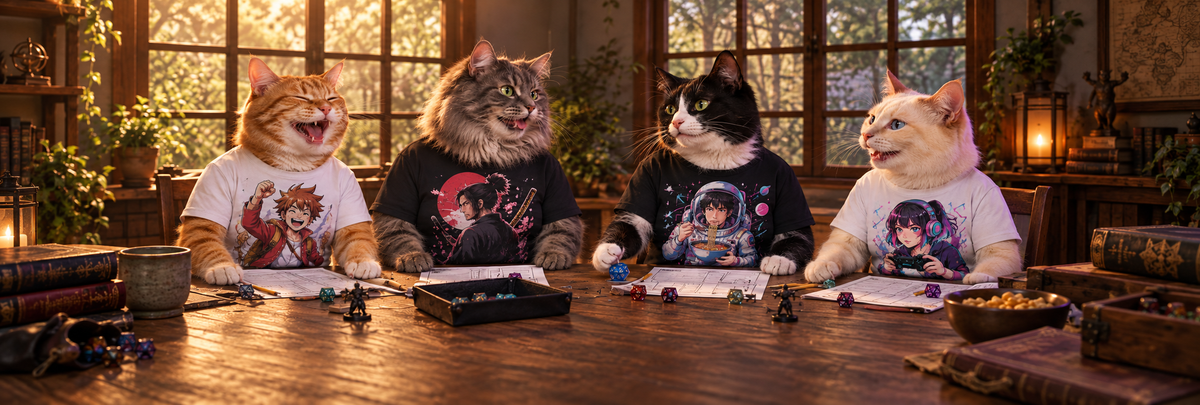 Four cats wearing human graphic T-shirts play a tabletop game.
