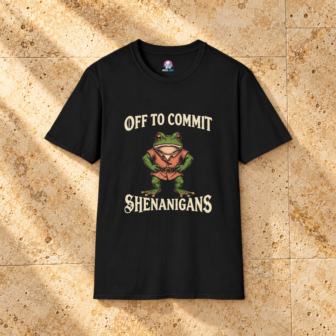 Off to Commit Shenanigans Frog T-Shirt — black shirt on beige travertine