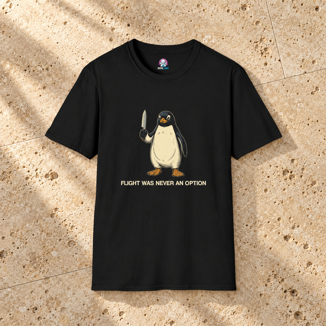 Flight Was Never an Option Penguin T-Shirt — black shirt on beige travertine