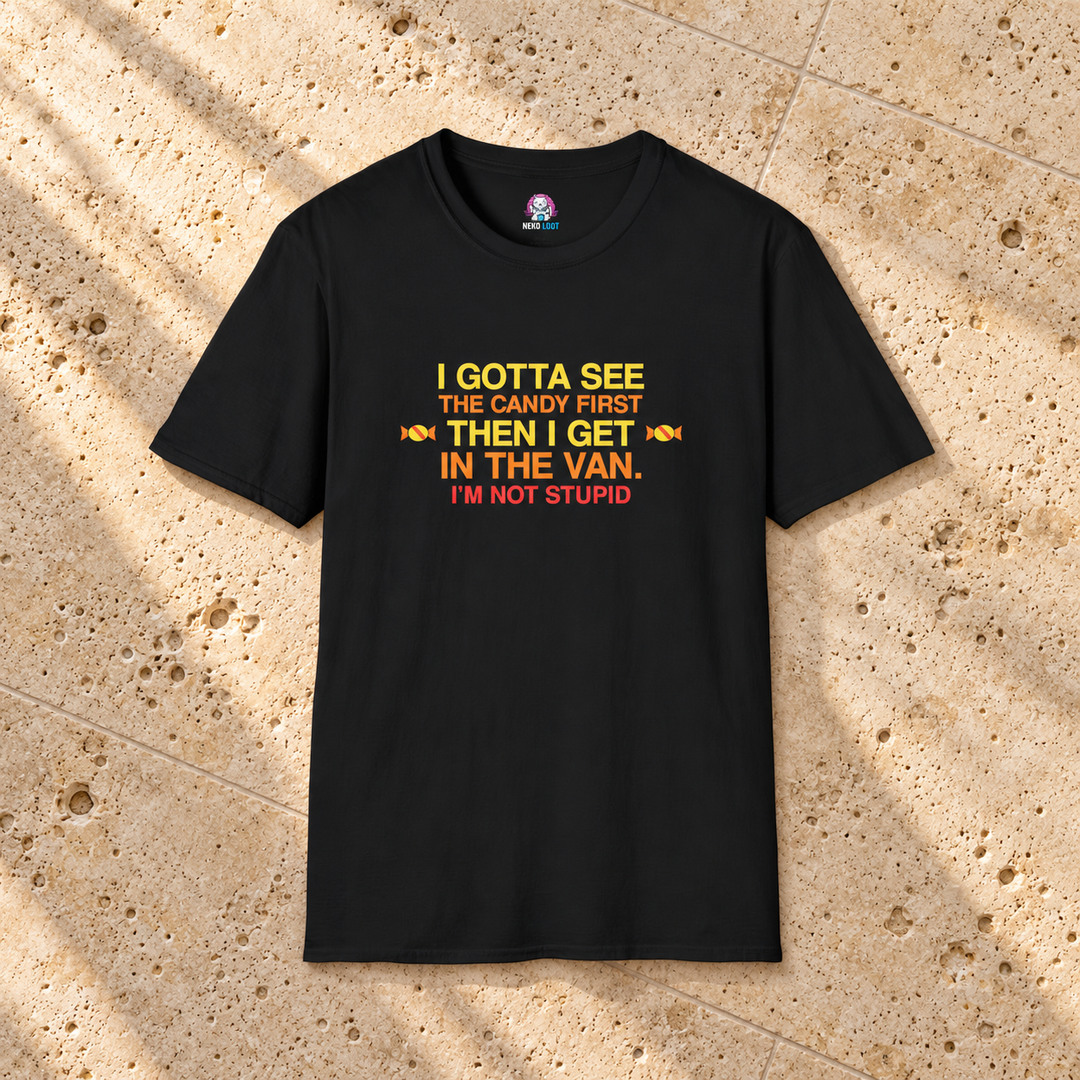 Candy First Then the Van Funny T-Shirt — black shirt on beige travertine