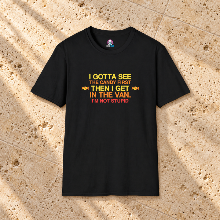 Candy First Then the Van Funny T-Shirt — black shirt on beige travertine