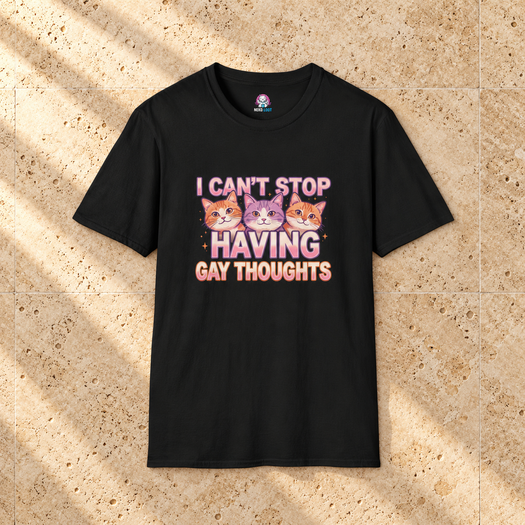 I Cannot Stop Having Gay Thoughts Cat T-Shirt — black shirt on beige travertine