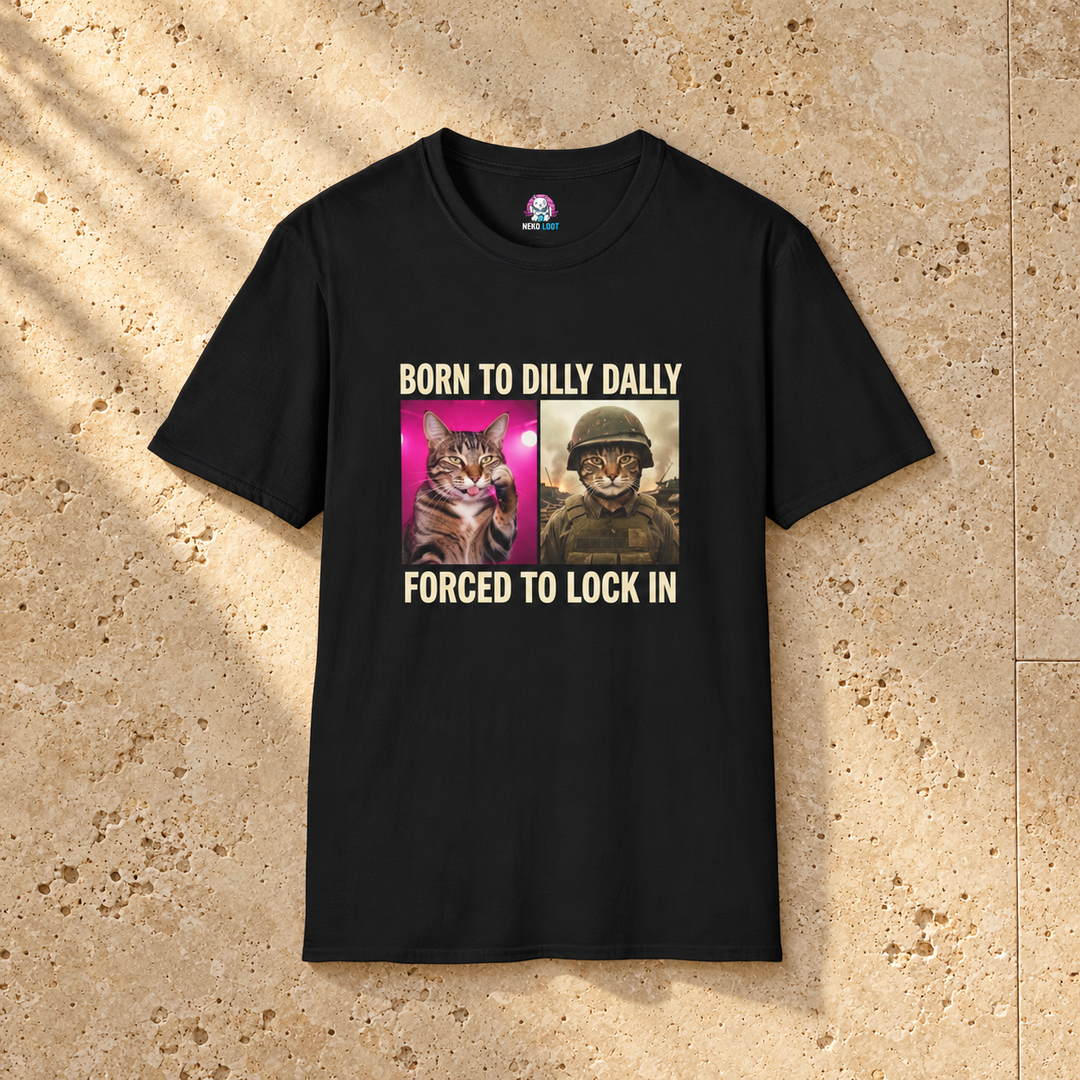 Born to Dilly Dally Forced to Lock In Cat T-Shirt — black shirt on beige travertine