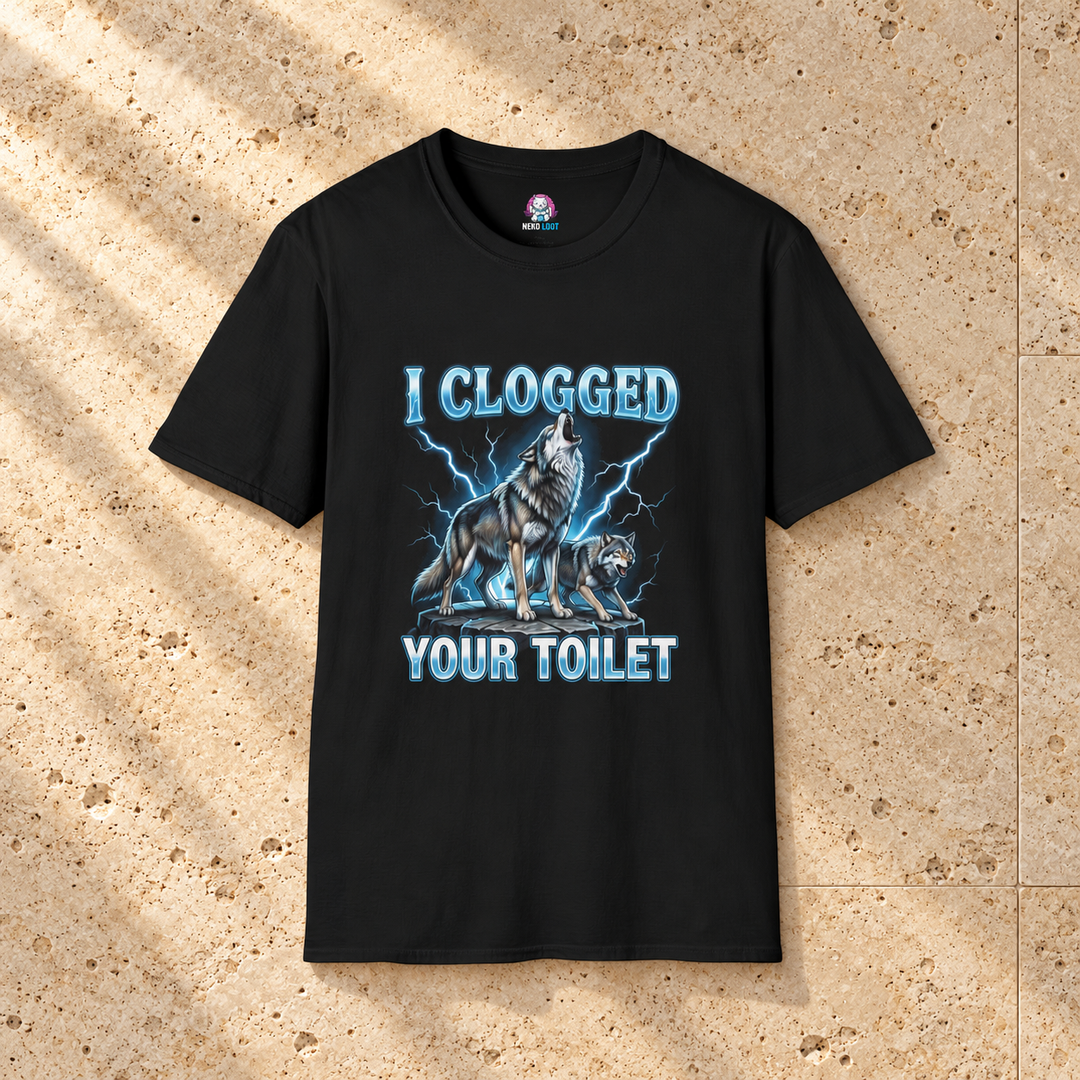 I Clogged Your Toilet Wolf T-Shirt — black shirt on beige travertine
