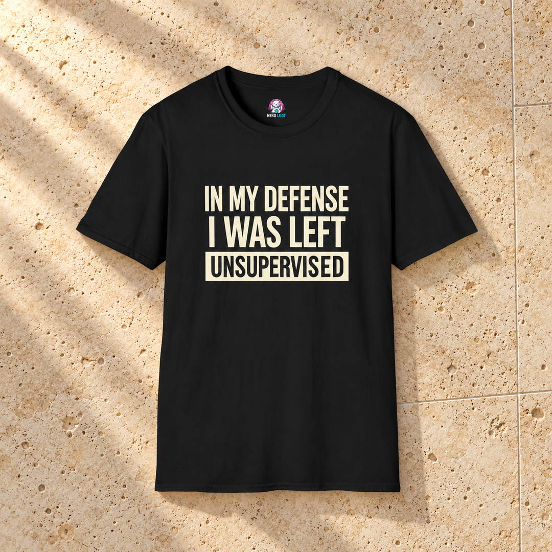Left Unsupervised Boxed Slogan T-Shirt — black shirt on beige travertine
