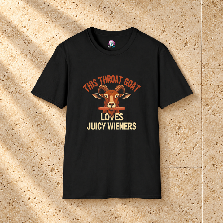 Throat Goat Loves Juicy Wieners T-Shirt — black shirt on beige travertine