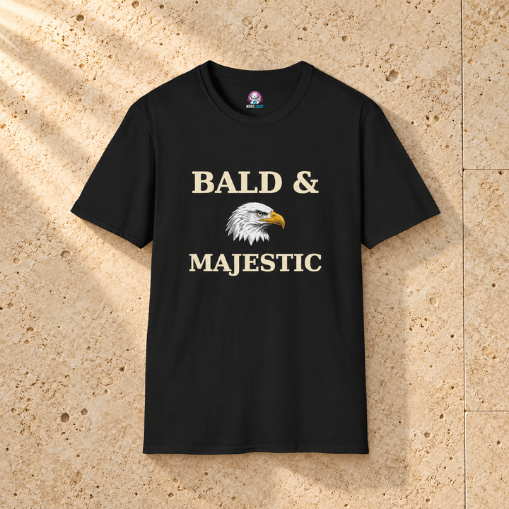 Bald and Majestic Eagle T-Shirt — black shirt on beige travertine