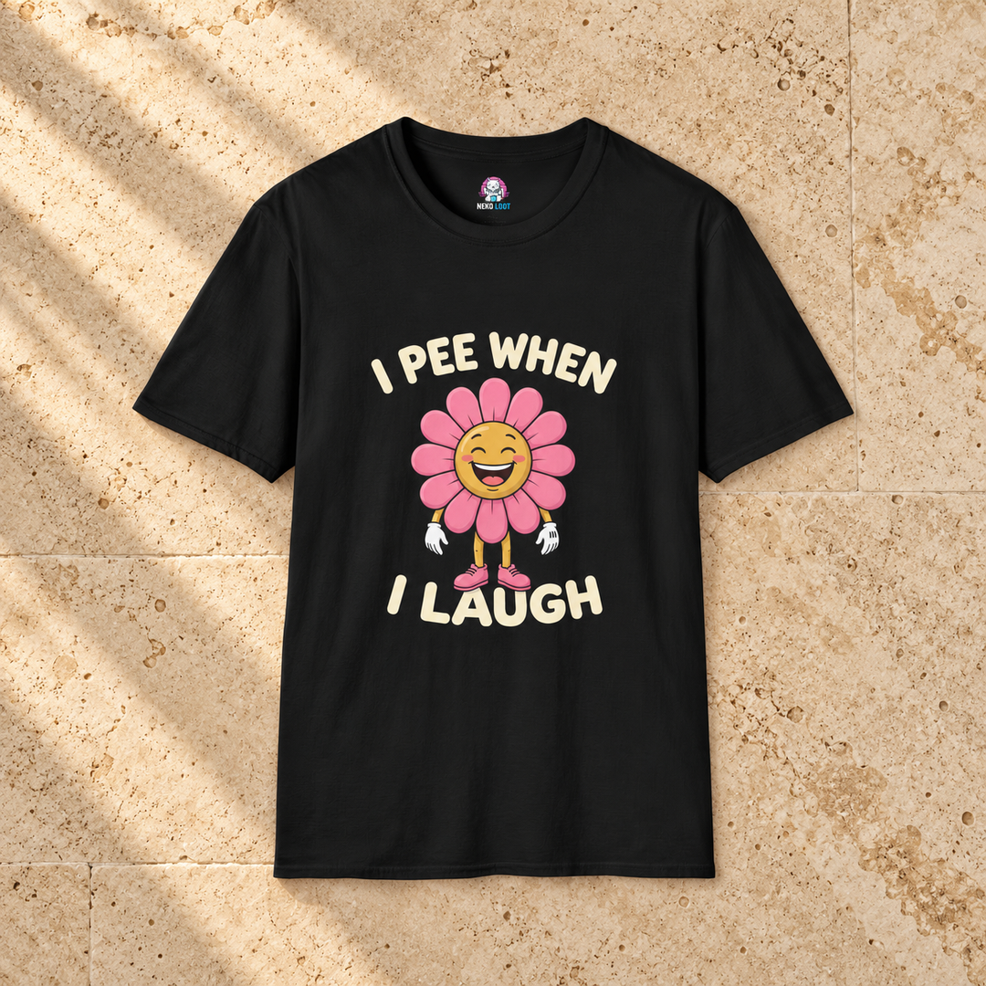 I Pee When I Laugh Flower T-Shirt — black shirt on beige travertine