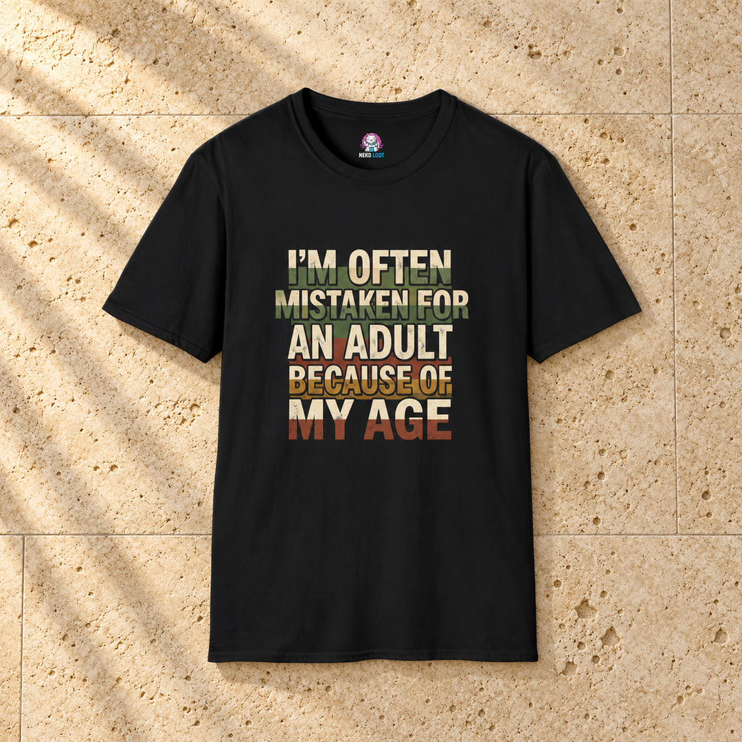Mistaken for an Adult Because of My Age T-Shirt — black shirt on beige travertine