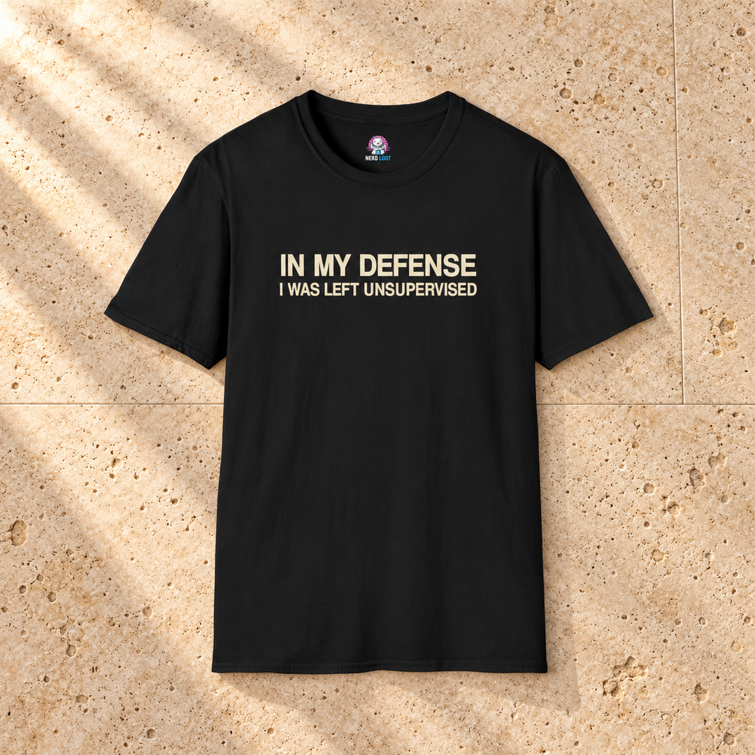 Left Unsupervised Minimal Slogan T-Shirt — black shirt on beige travertine
