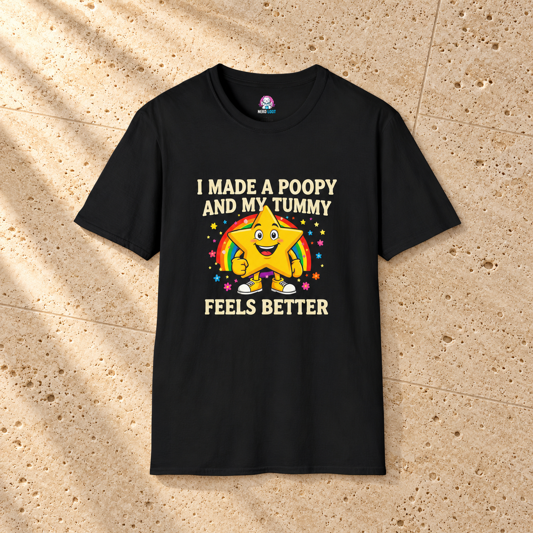 I Made a Poopy My Tummy Feels Better T-Shirt — black shirt on beige travertine