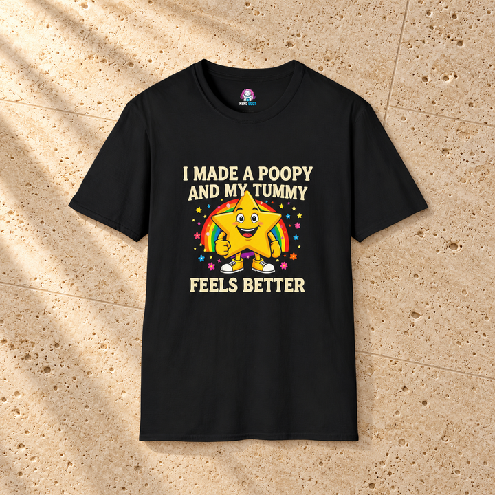 I Made a Poopy My Tummy Feels Better T-Shirt — black shirt on beige travertine