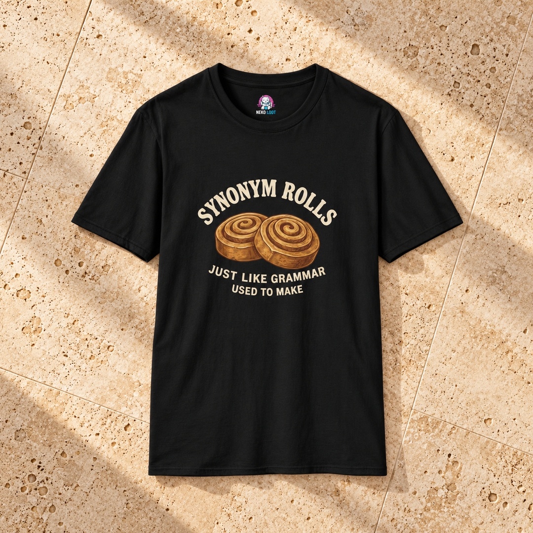Synonym Rolls Grammar Used to Make T-Shirt — black shirt on beige travertine