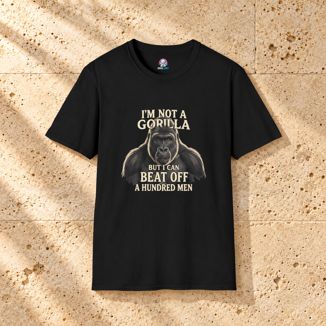 Not a Gorilla A Hundred Men T-Shirt — black shirt on warm beige travertine