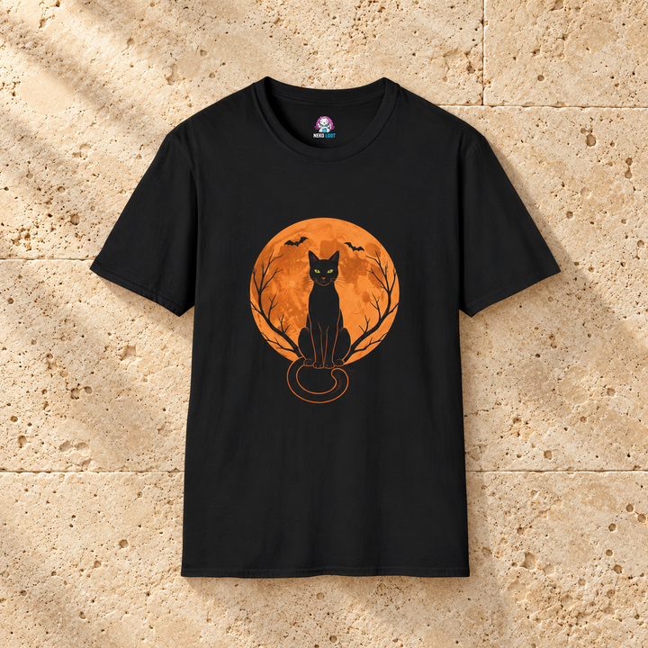 Black Cat Harvest Moon T-Shirt — black shirt on warm beige travertine