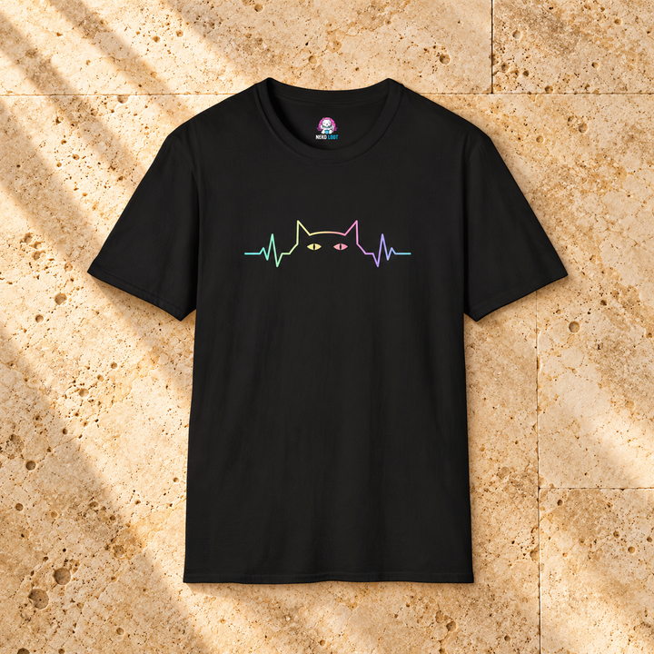 Rainbow Cat Heartbeat T-Shirt — black shirt on warm beige travertine