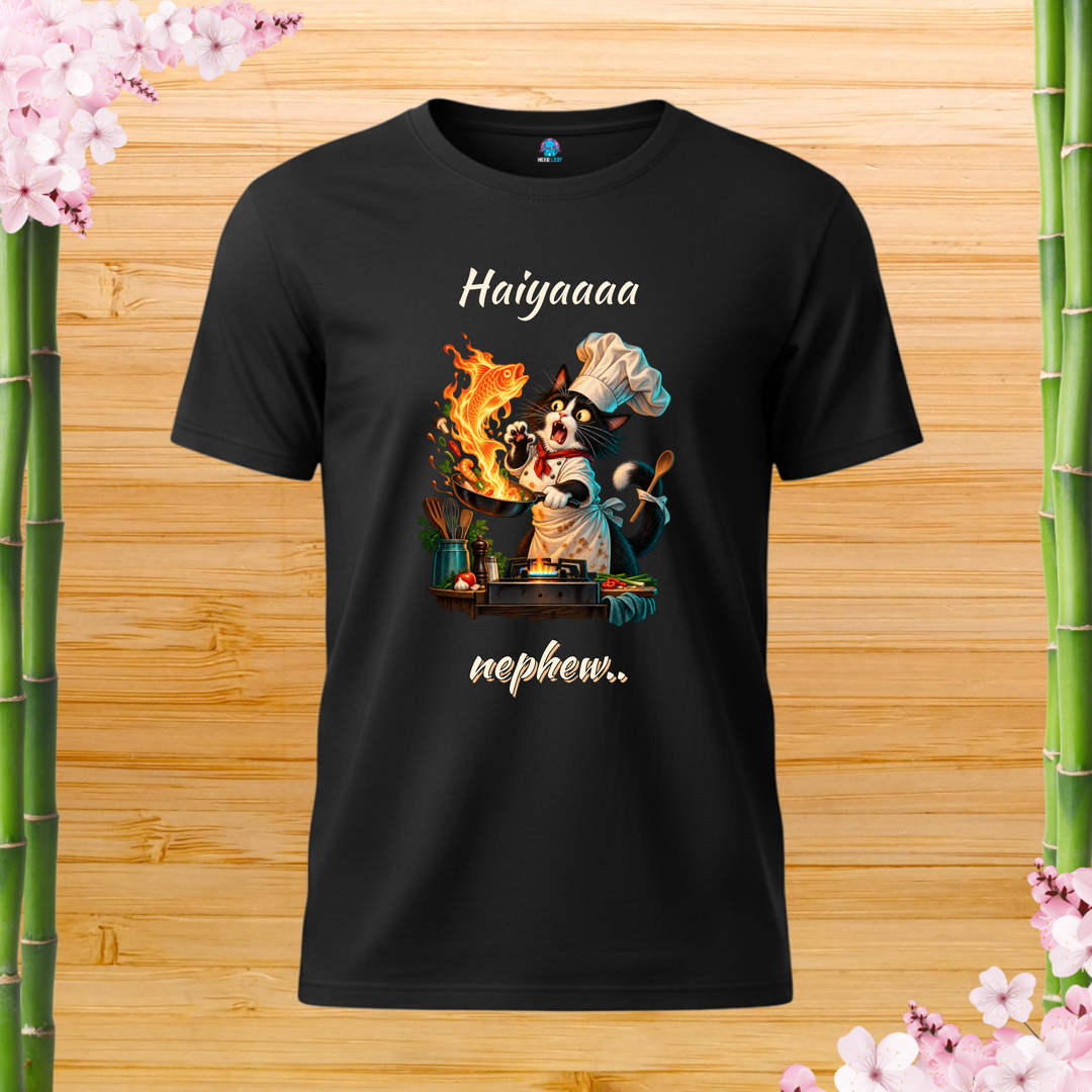 Cooking Show Catastrophe Cat T-Shirt — black shirt