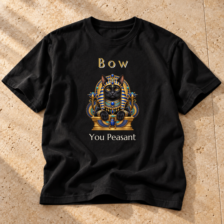 Black King Tutankhameow Cat T-Shirt on warm travertine stone.