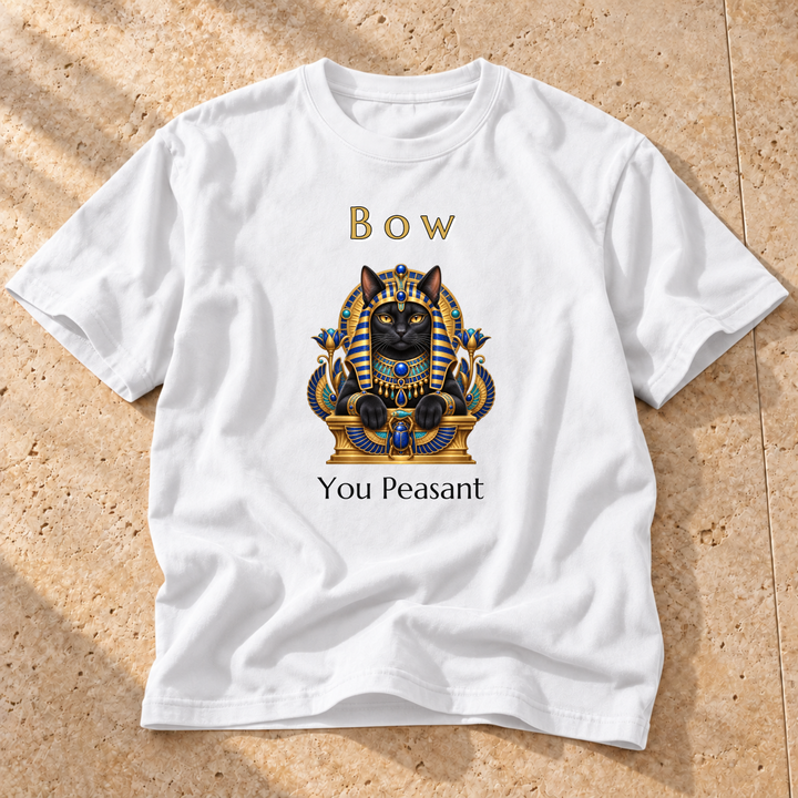 White King Tutankhameow Cat T-Shirt on warm travertine stone.