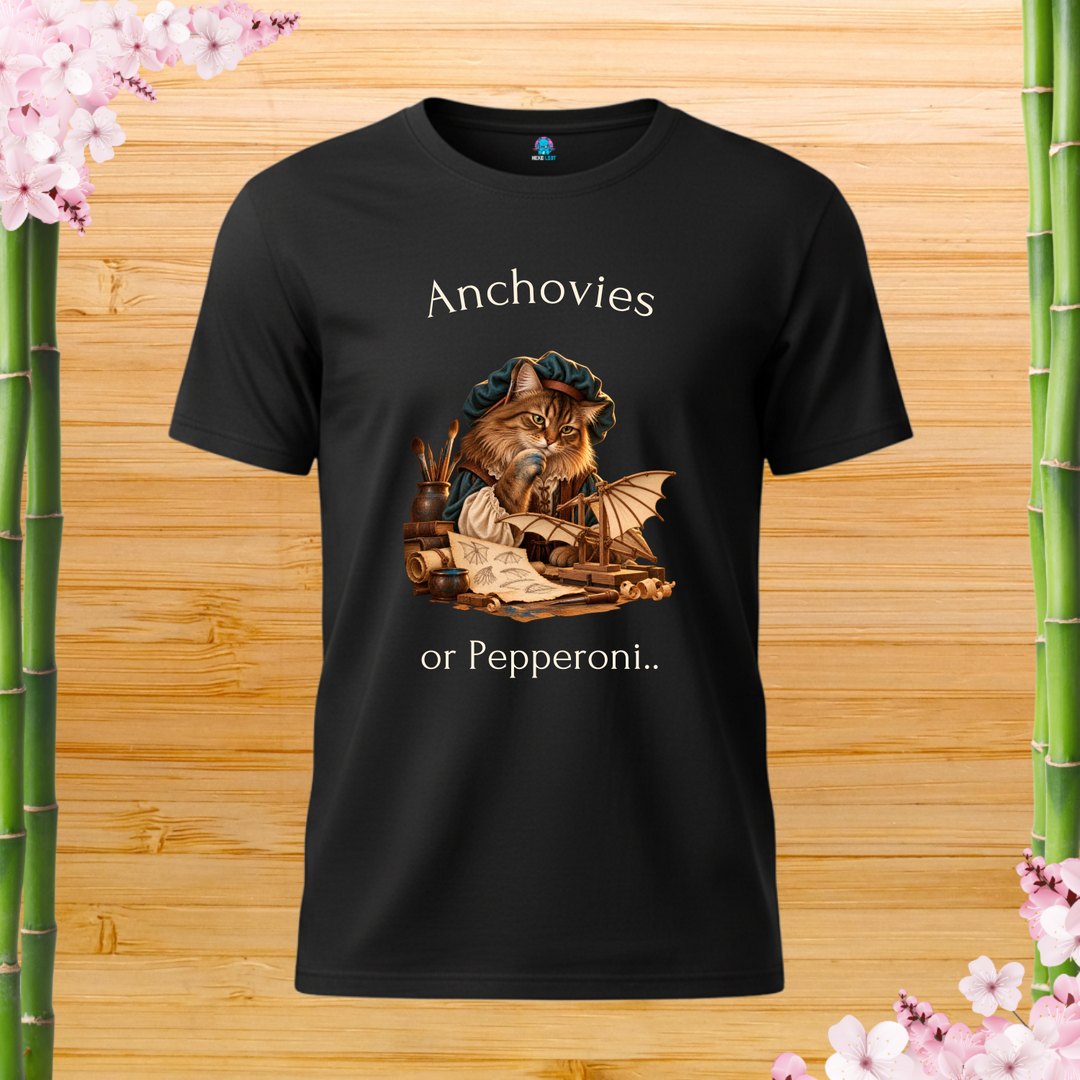 Leonardo da Whiskers Cat T-Shirt — black shirt