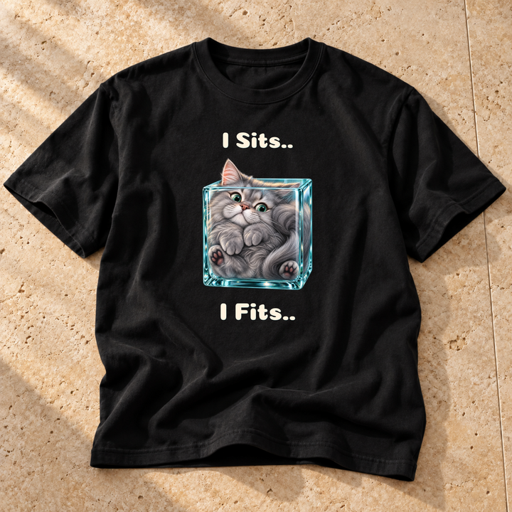 Black Liquid Cat Research Cat T-Shirt on warm travertine stone.
