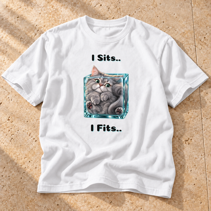 White Liquid Cat Research Cat T-Shirt on warm travertine stone.