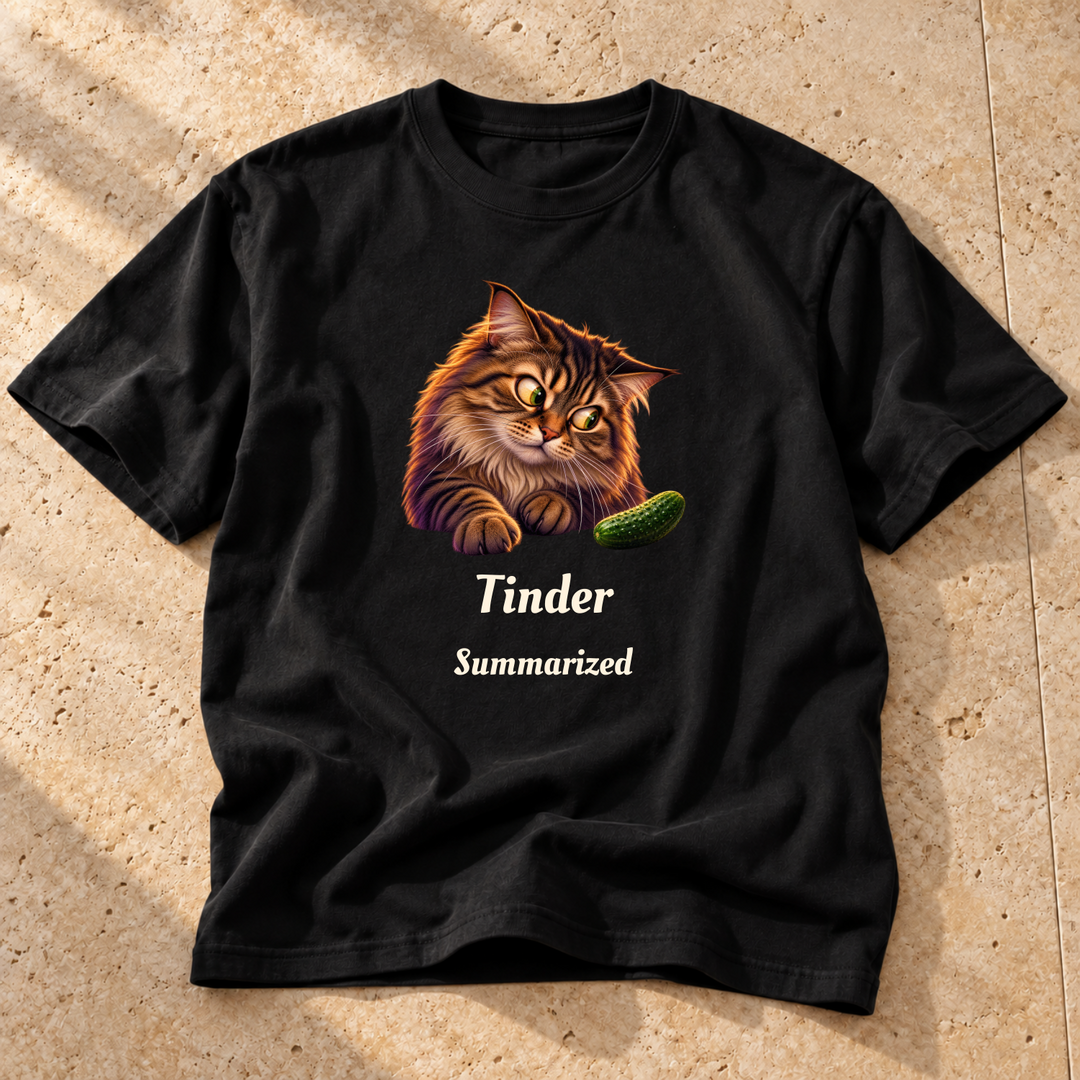Black Side-Eye Specialist Cat T-Shirt on warm travertine stone.