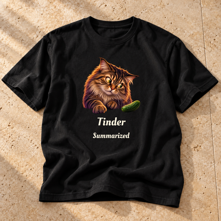 Black Side-Eye Specialist Cat T-Shirt on warm travertine stone.