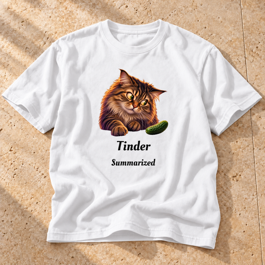 White Side-Eye Specialist Cat T-Shirt on warm travertine stone.