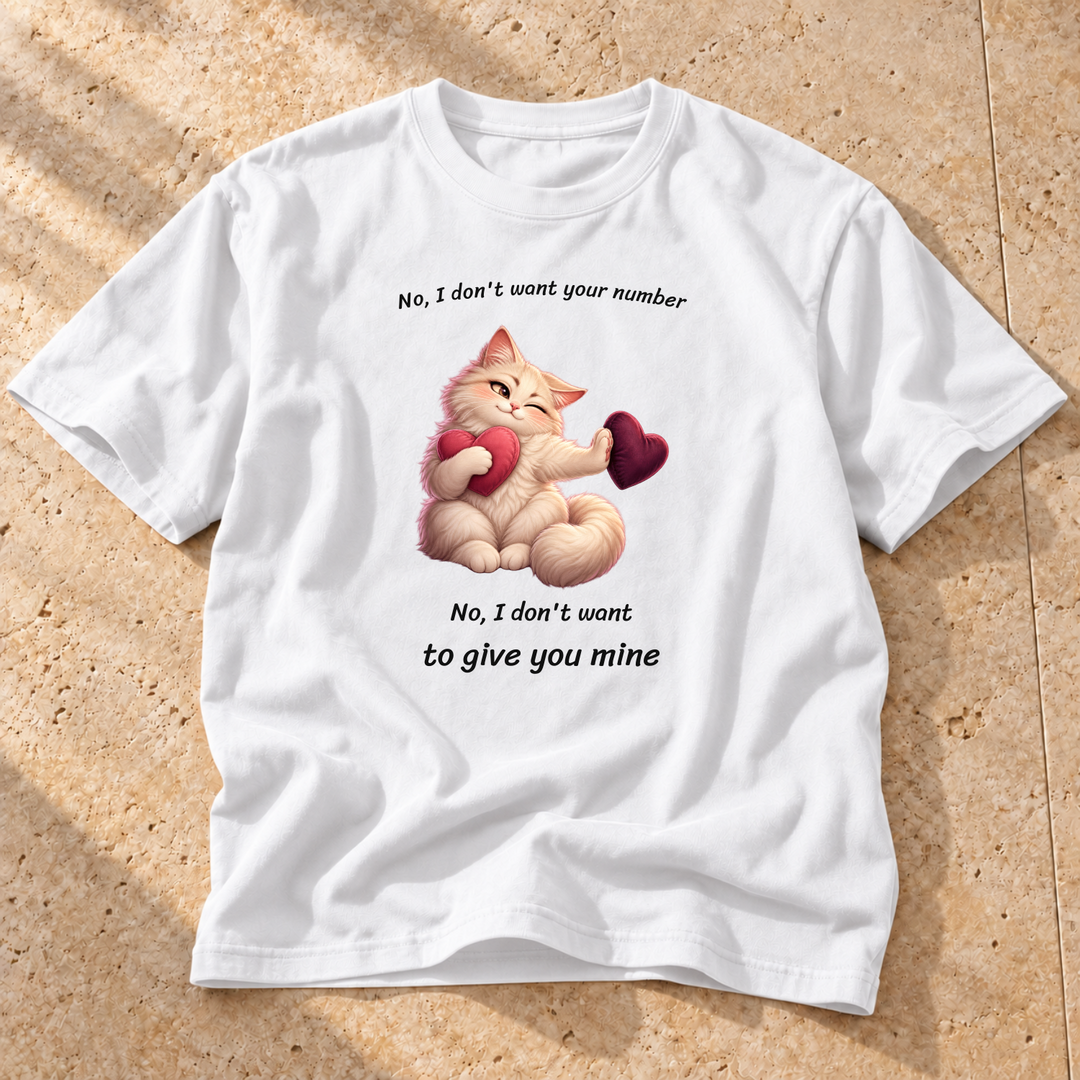White Personal Space Refund Cat T-Shirt on warm travertine stone.