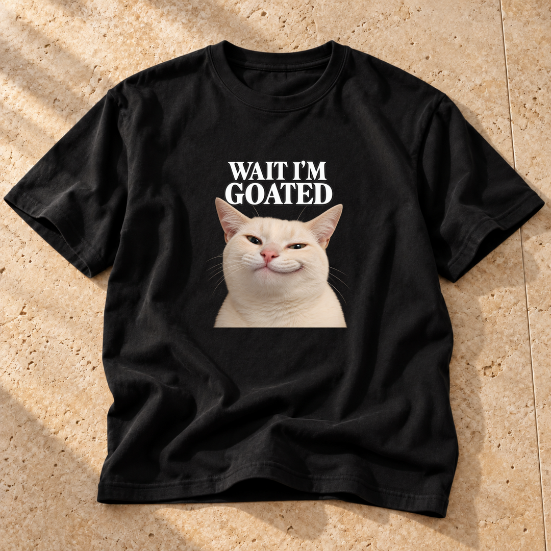 Black Goated cat portrait Cat T-Shirt on warm travertine stone.