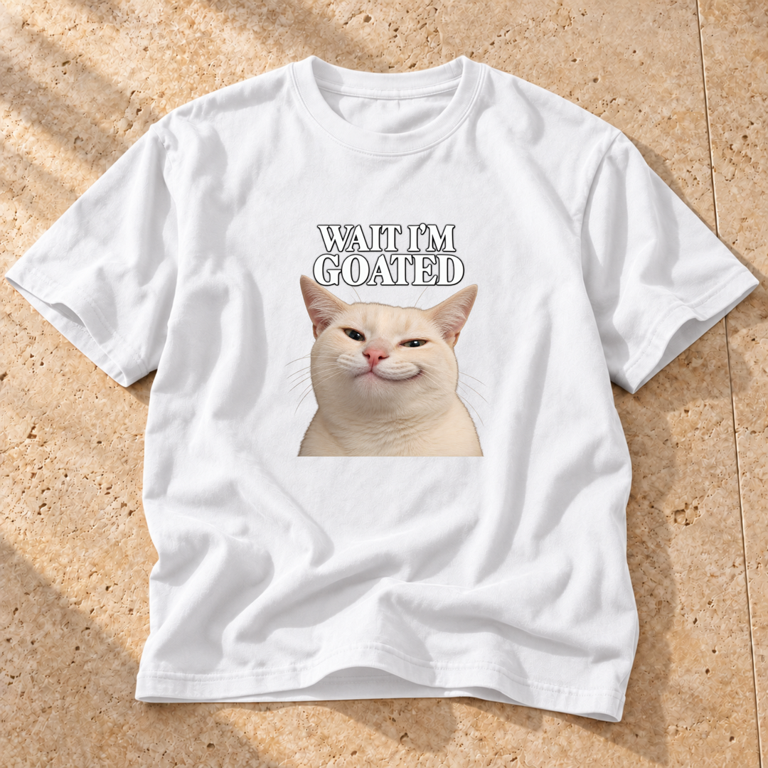 White Goated cat portrait Cat T-Shirt on warm travertine stone.