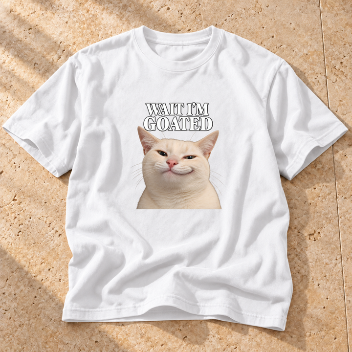 White Goated cat portrait Cat T-Shirt on warm travertine stone.