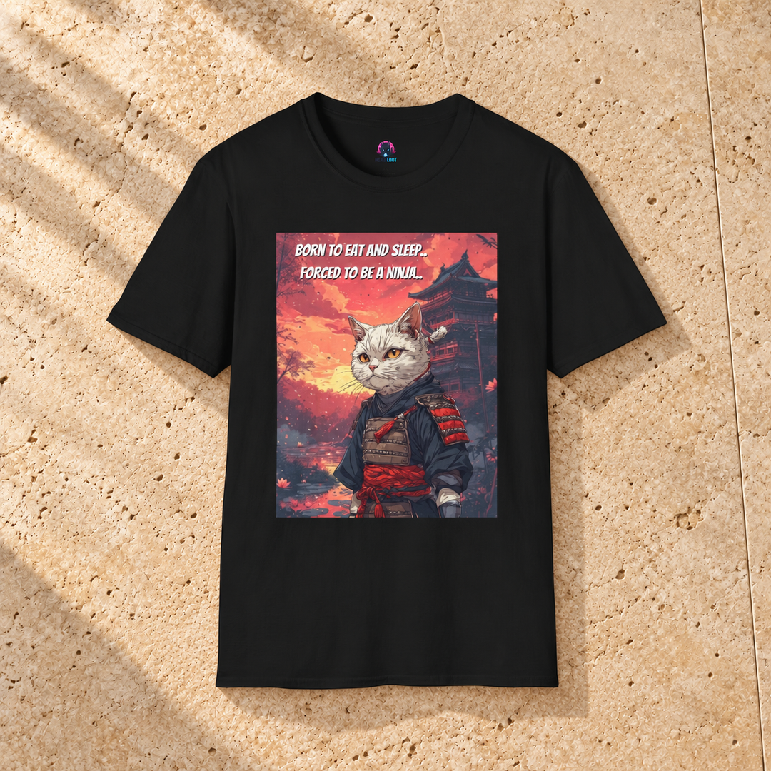 Black Ninja Cat T-shirt on warm travertine stone.