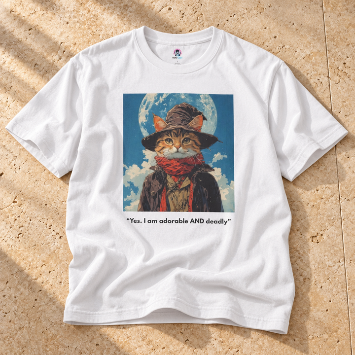 White Cute Cat Wizard T-Shirt on warm travertine stone.
